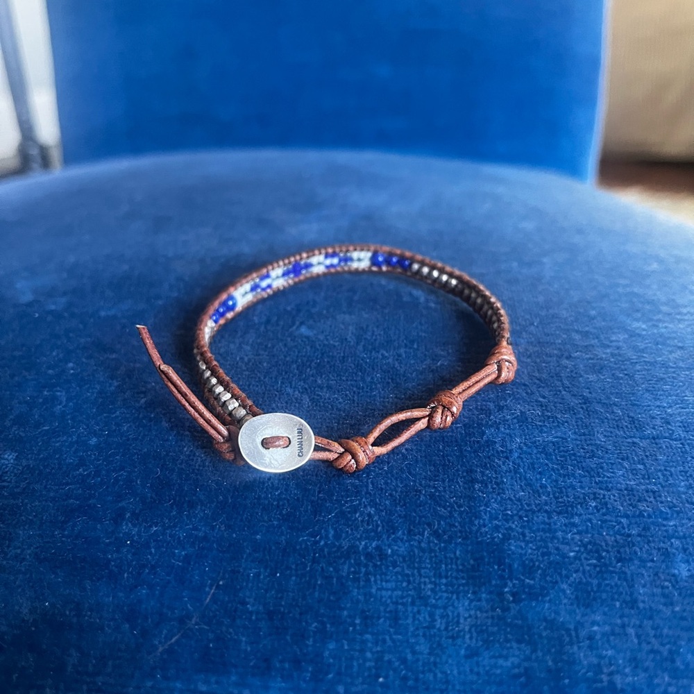 Chan Luu Brown Leather Wrap Bracelet with Cobalt Blue Beads Silver 925